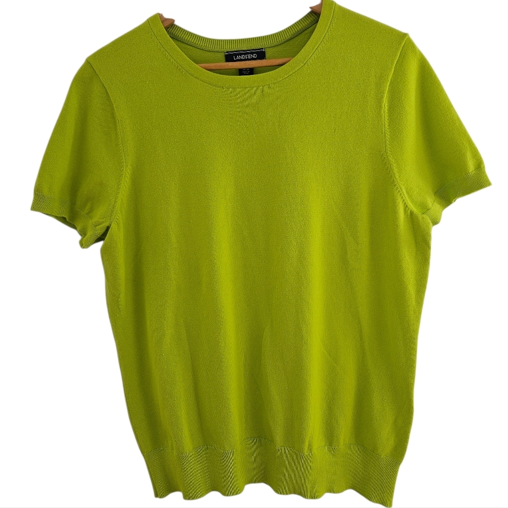 Lands' End Women's Bright Lime Short Sleeve Knit Top Cotten Blend